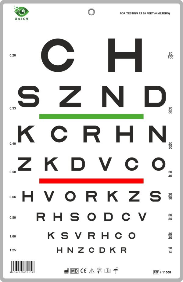 Sloan Chart with Red Green Bar Visual Acuity Test 6m / 20ft