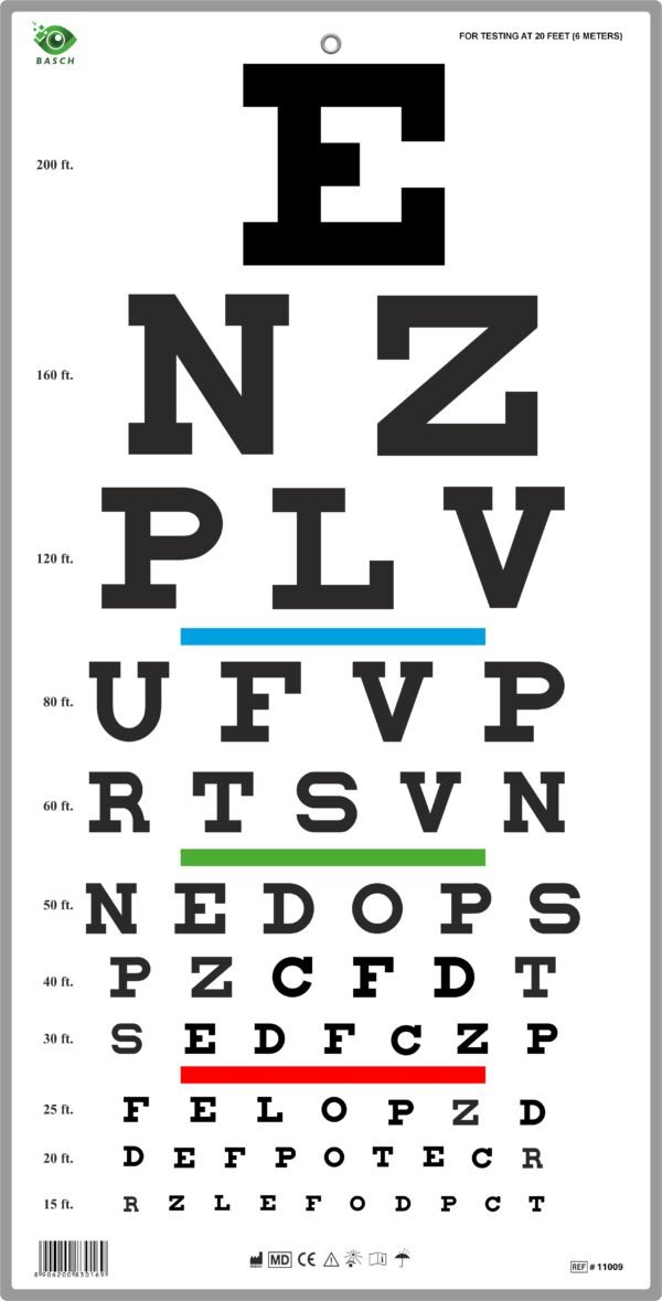 Traditional Snellen Eye Chart with Red Green Bar 6m / 20ft