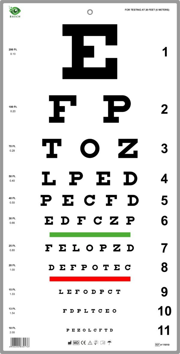 Traditional Snellen Eye Chart with Red Green Bar 6m / 20ft