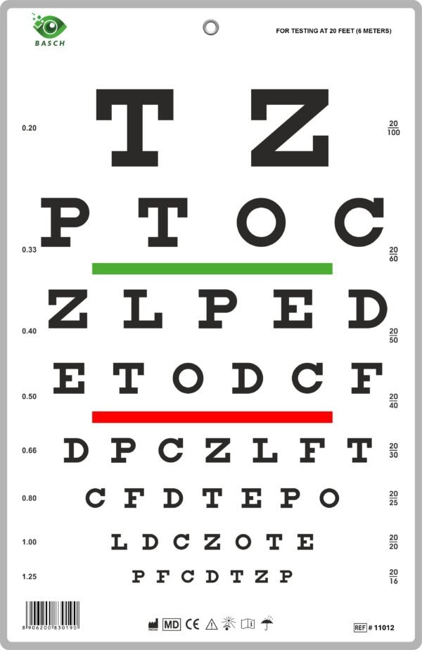 Snellen Chart with Red Green Bar Visual Acuity Test 6m / 20ft