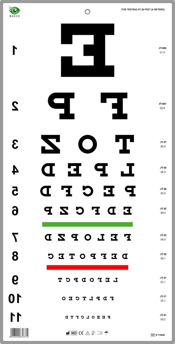 Traditional Snellen Eye Chart with Red Green Bar 6m / 20Ft Reverse