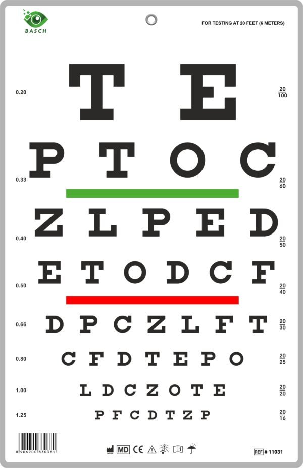 Snellen Chart with Red Green Bar Visual Acuity Test 6m / 20ft