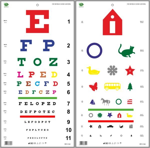 Traditional Snellen & Kindergarten Color Vision Eye Chart - 20Ft