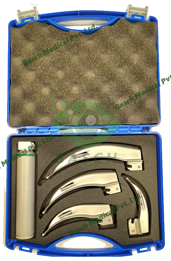 Fibre Optic REUSABLE Blades MODULAR MAC WITH 4 BLADES AND HANDLE IN PLASTIC CASE