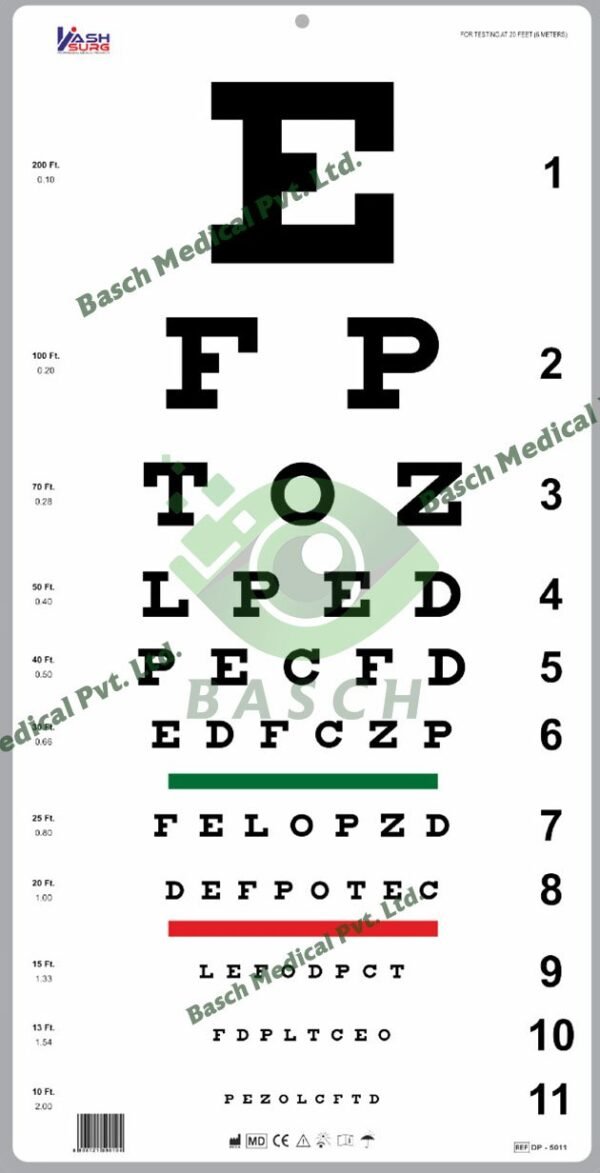 Traditional Snellen Eye Chart with Red Green Bar 6m / 20ft