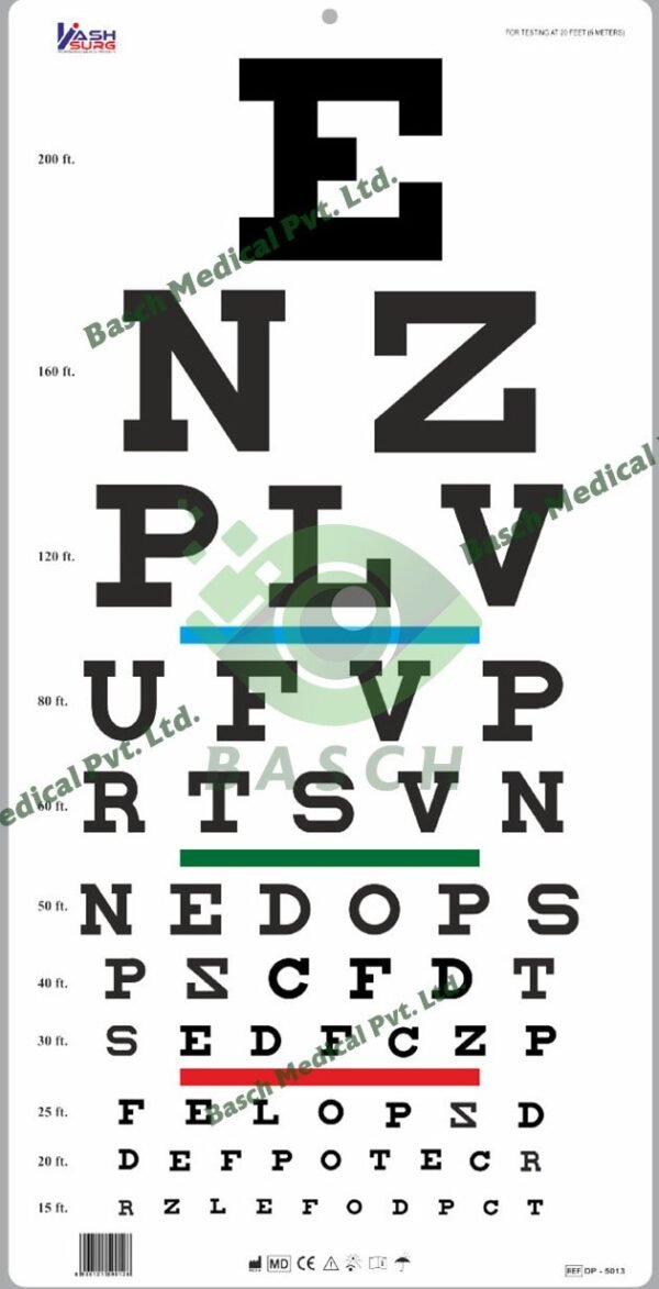 Traditional Snellen Eye Chart with Red Green Bar 6m / 20ft
