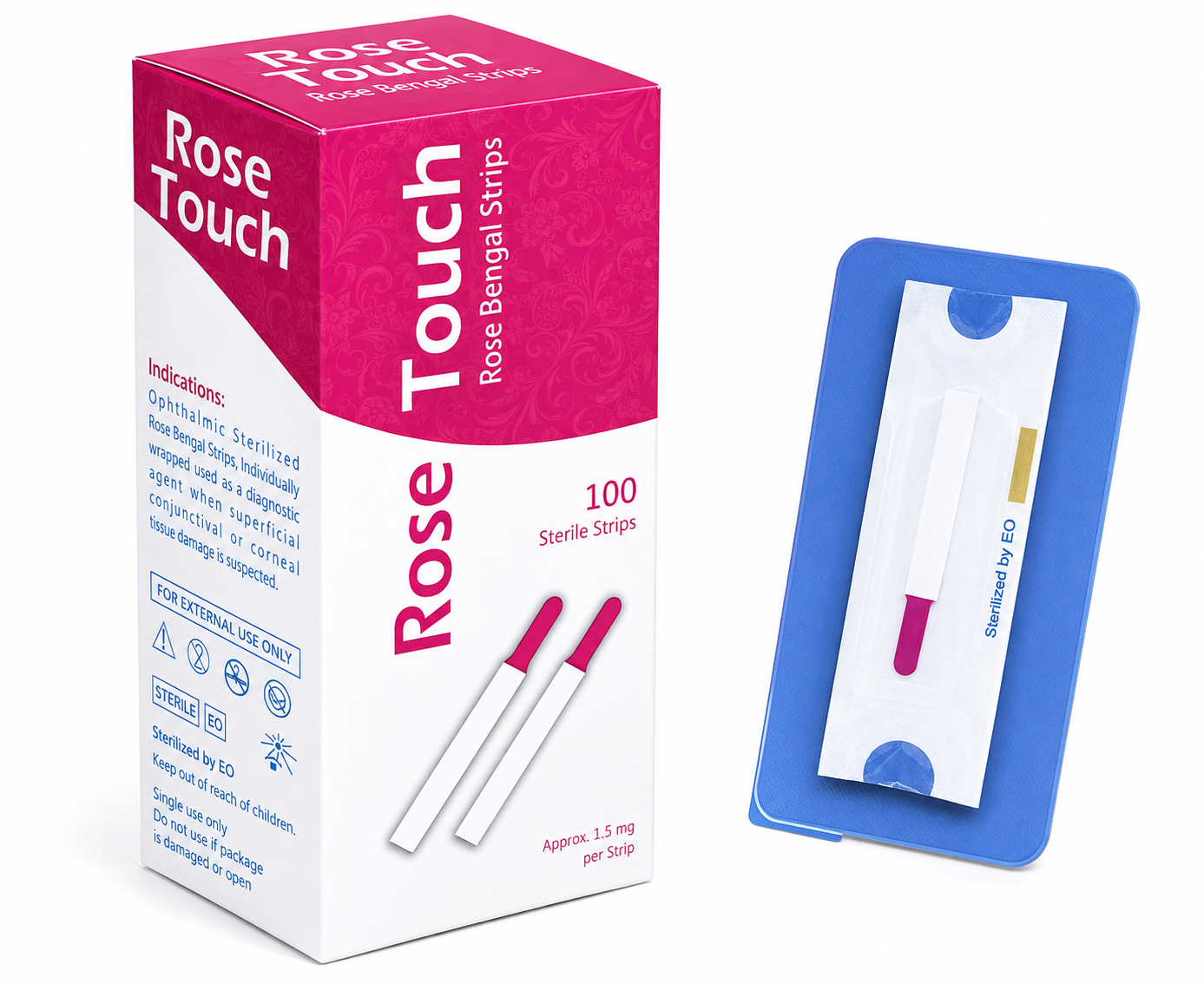 Box of Rose Touch Rose Bengal Strips with two applicator swabs (pink tips) and a blue tray containing a sterilized strip on a white background.