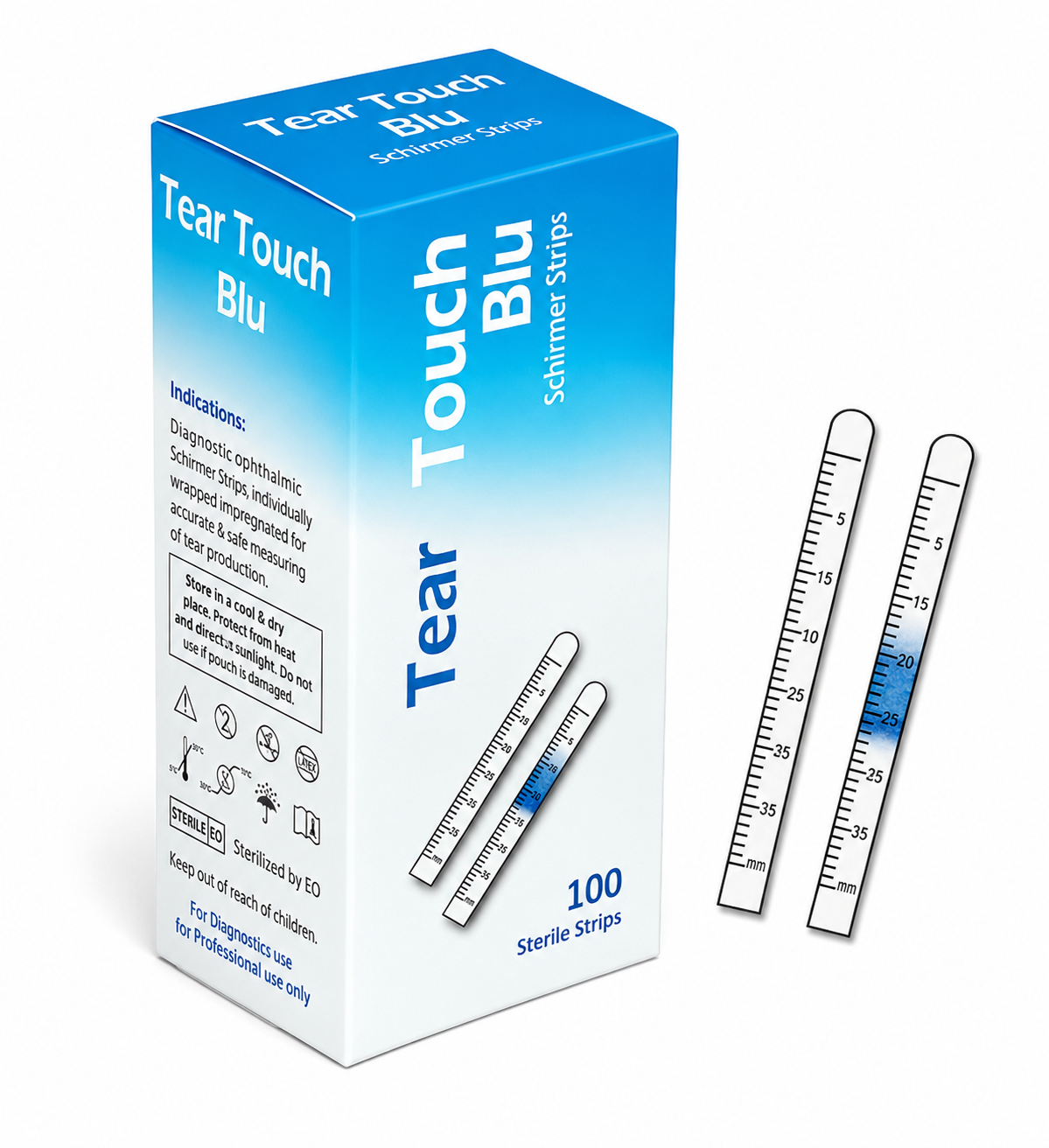Blue gradient box labeled Tear Touch Blu Schirmer Strips, with two slim, measuring-strip illustrations beside it (100 sterile strips).